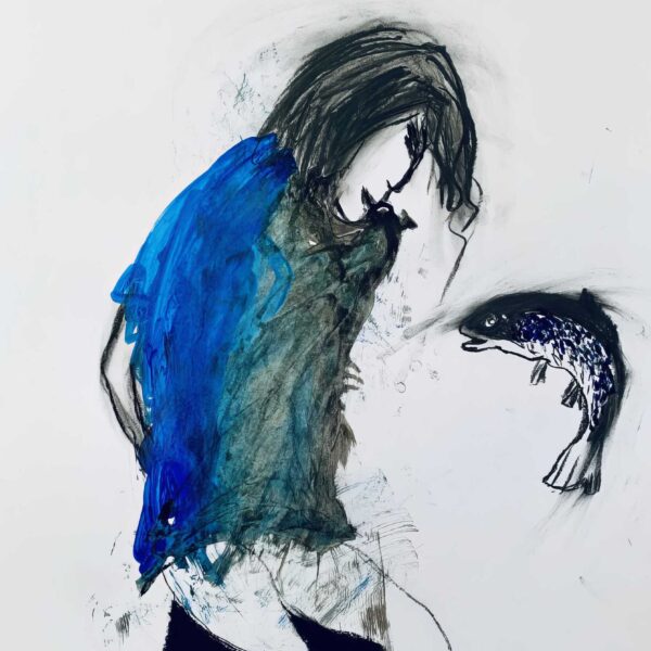 La Femme au poisson, encre à pigment et pastel sec sur papier, 50x65 cm, 2020