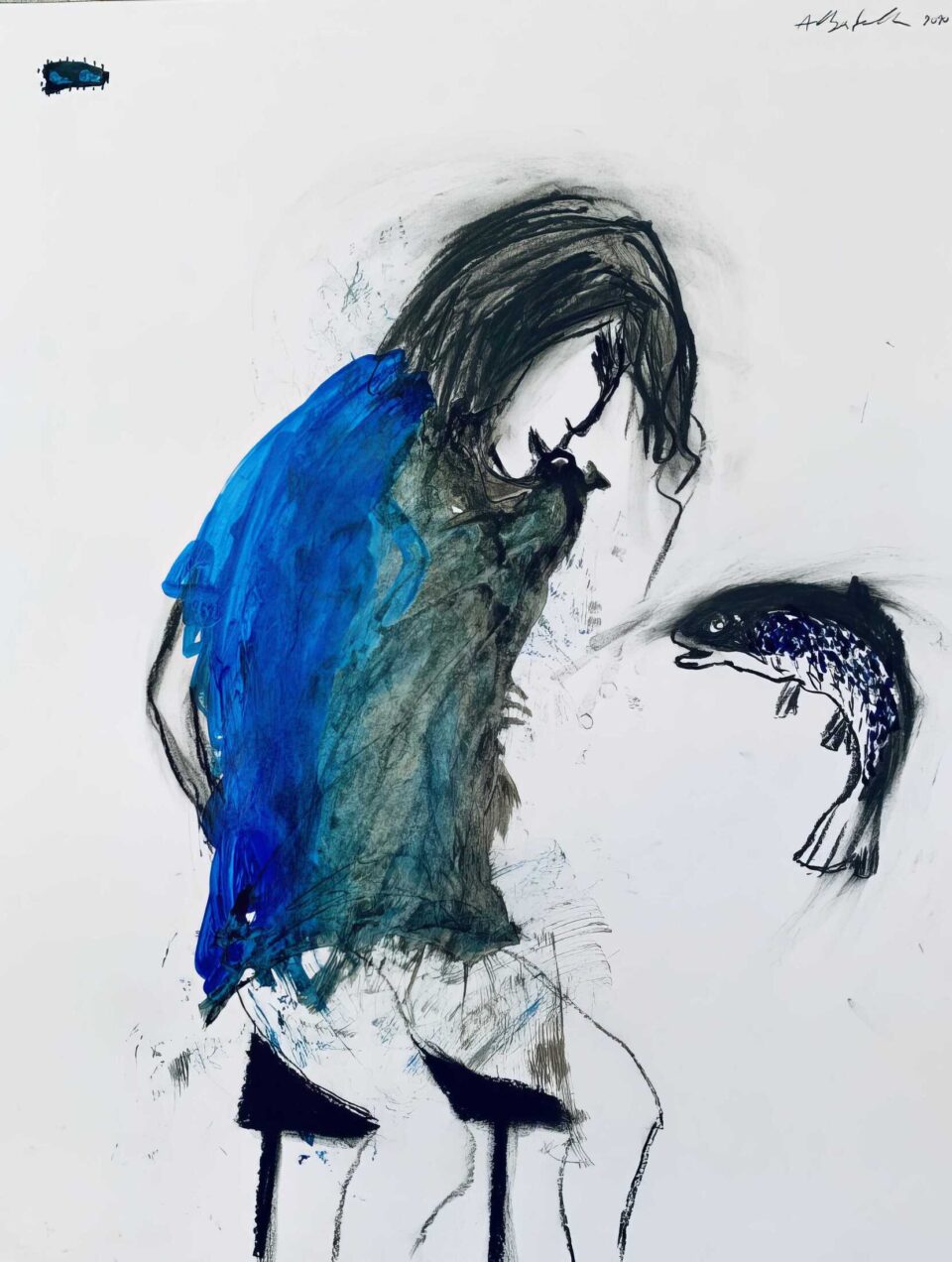 La Femme au poisson, encre à pigment et pastel sec sur papier, 50x65 cm, 2020