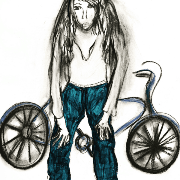 La balade en vélo, 2022, Encre à pigment et pastel sur papier, 59 x 42 cm
