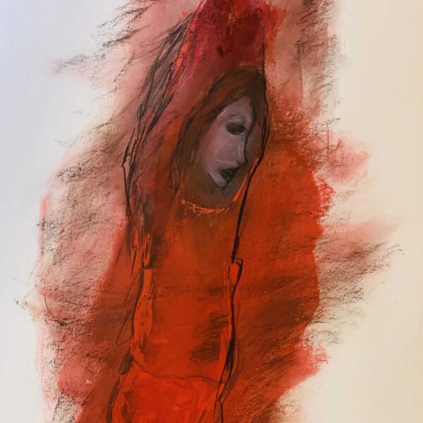 La danse rouge, encre à pigment et pastel sec sur papier, 50x65 cm, 2020