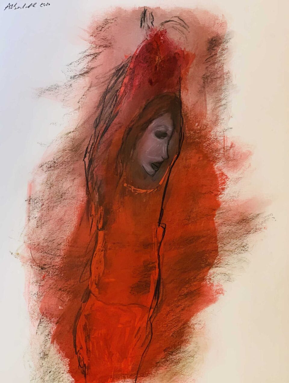 La danse rouge, encre à pigment et pastel sec sur papier, 50x65 cm, 2020