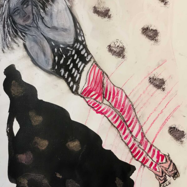 La femme aux collants roses, encre à pigment et pastel sec sur papier, 50x65 cm, 2020