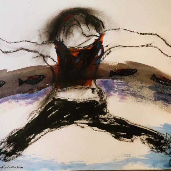 La femme aux poissons, encre à pigment et pastel sec sur papier, 50x65 cm, 2020