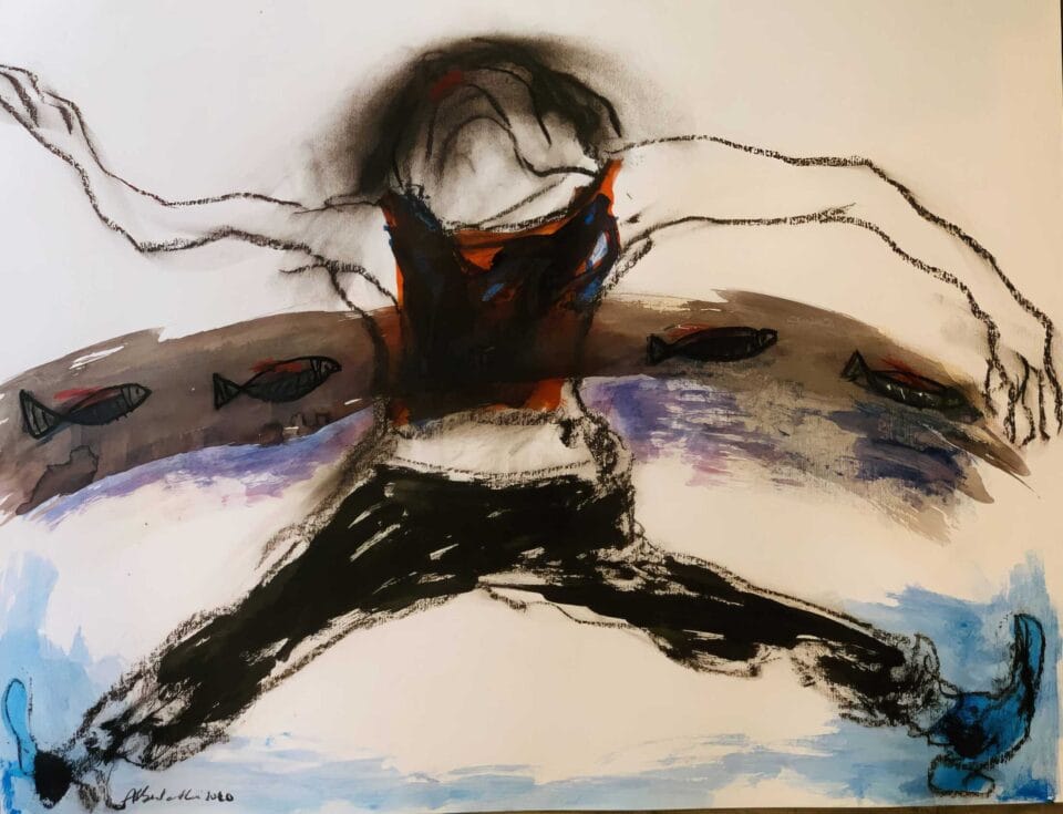 La femme aux poissons, encre à pigment et pastel sec sur papier, 50x65 cm, 2020