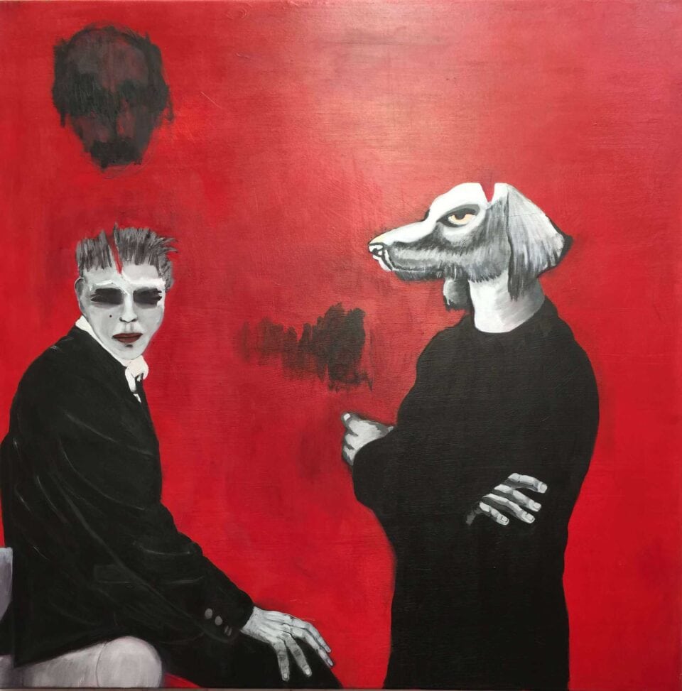 homme au chien, 100x100 cm